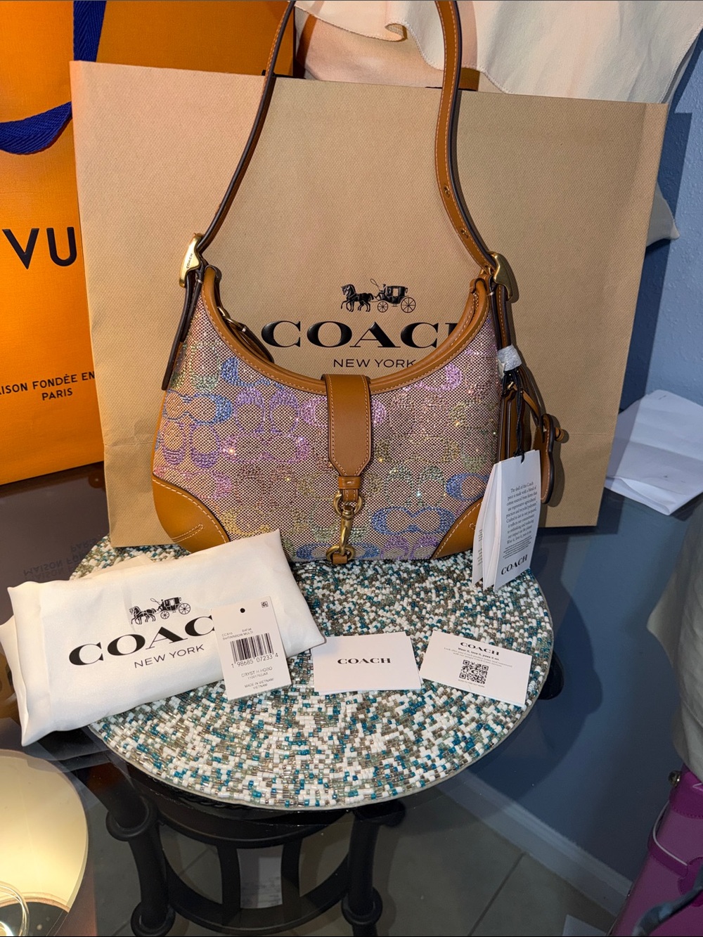 Coach Rainbow Crystal Signature Hampton Hobo with Tan Leather Trim